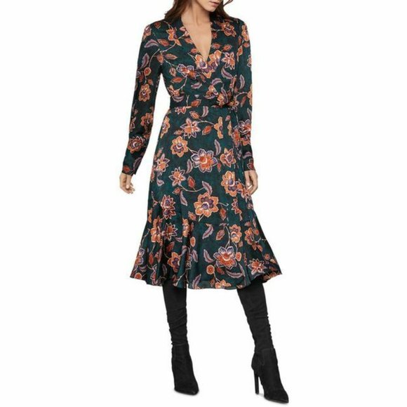 Floral Satin Georgette Green Blue Wrap Dress Nwt S,L,X - Picture 3 of 3